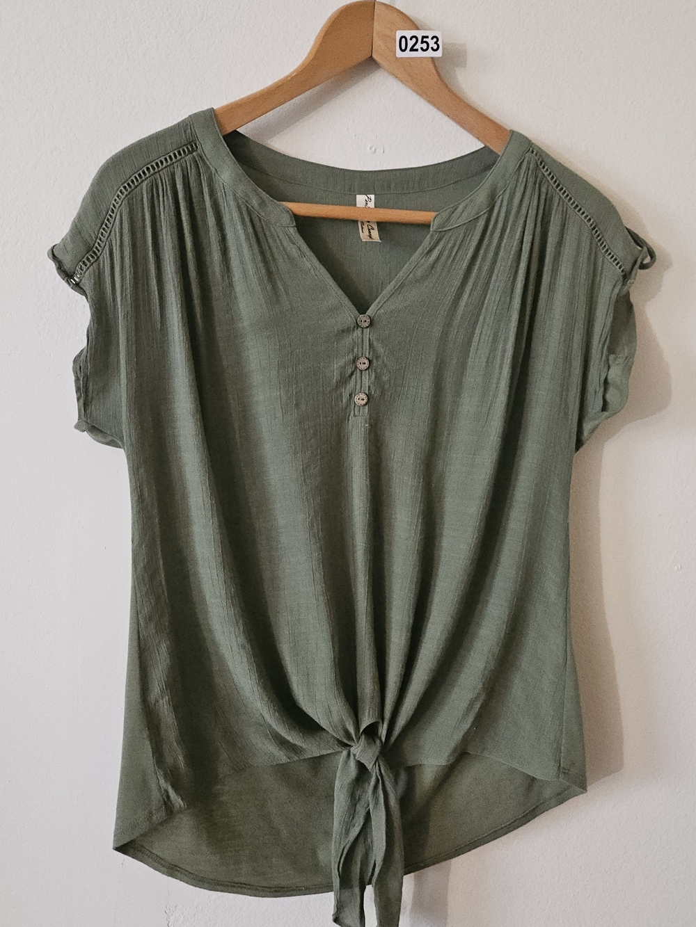 Women's Olive Tie-Front Short Sleeve Top 253